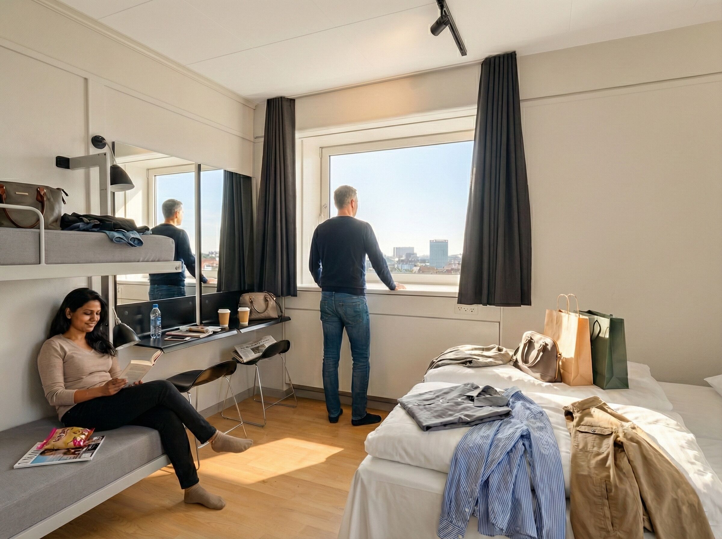 A hotel room with a bed, a desk, a chair, a window with curtains, and a view of the city.