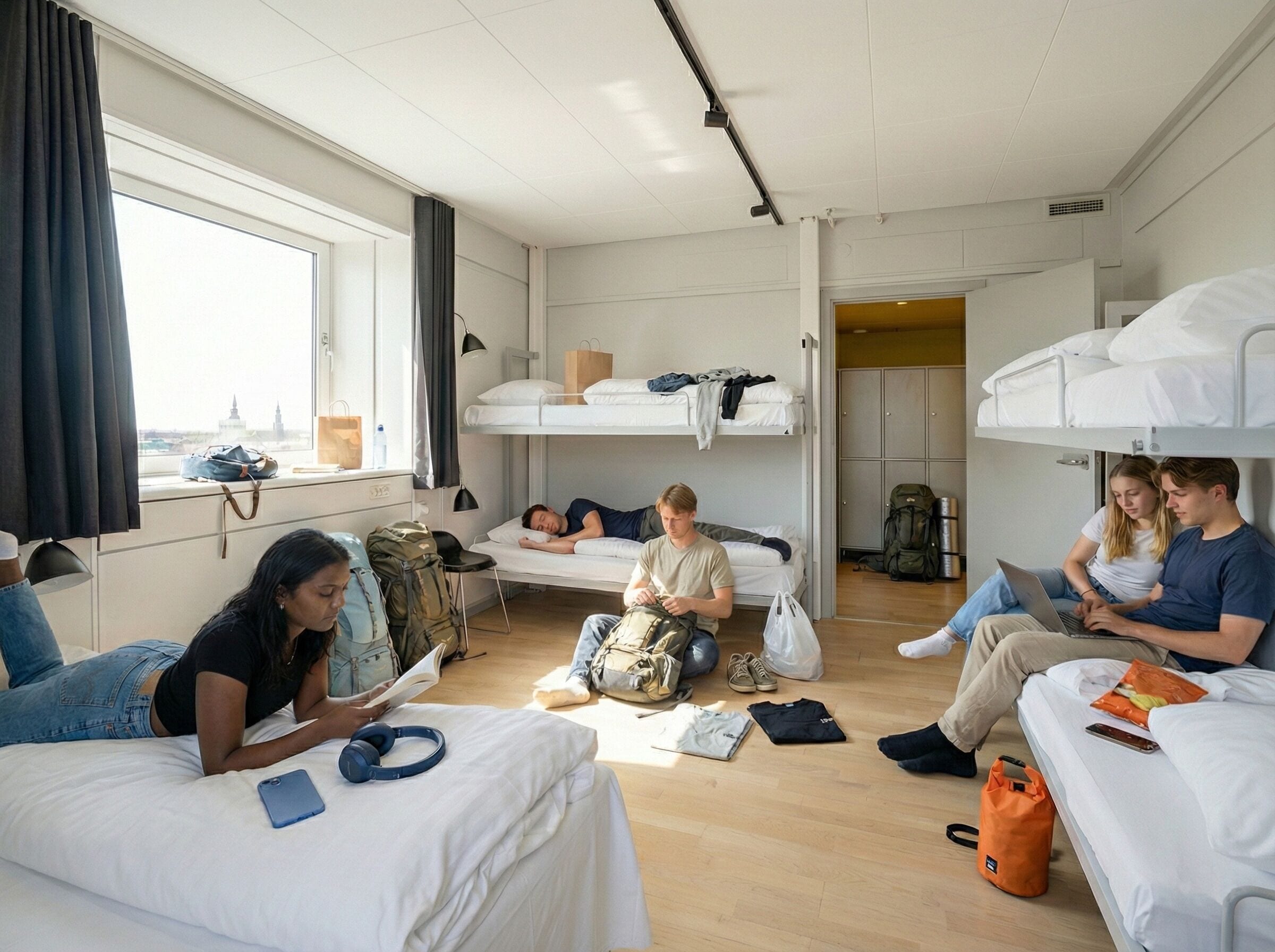 A dormitory-style room with bunk beds, a communal seating area, and a window with a view.