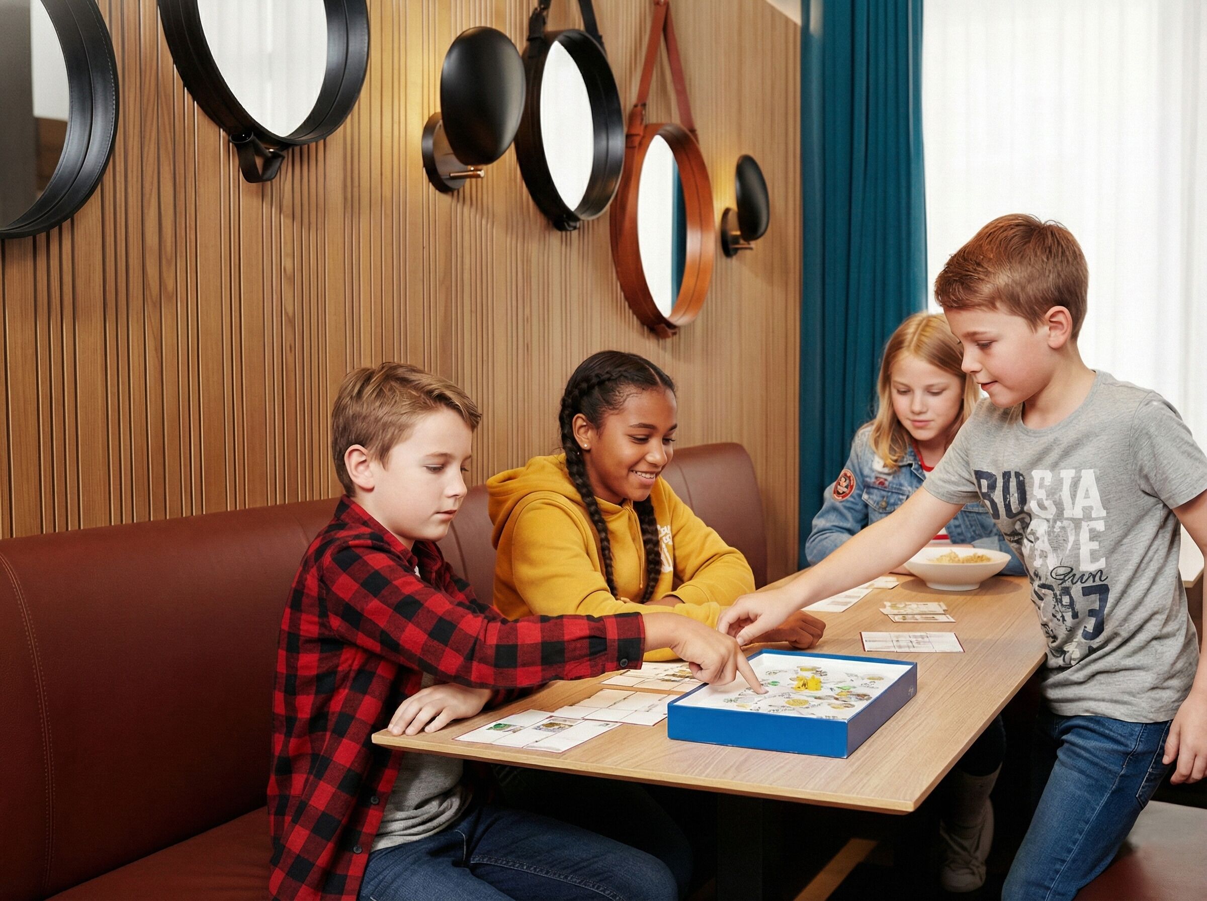 A group of children playing a board game at a wooden table with a blue box, surrounded by a brown couch and a wooden wall with hanging mirrors.
