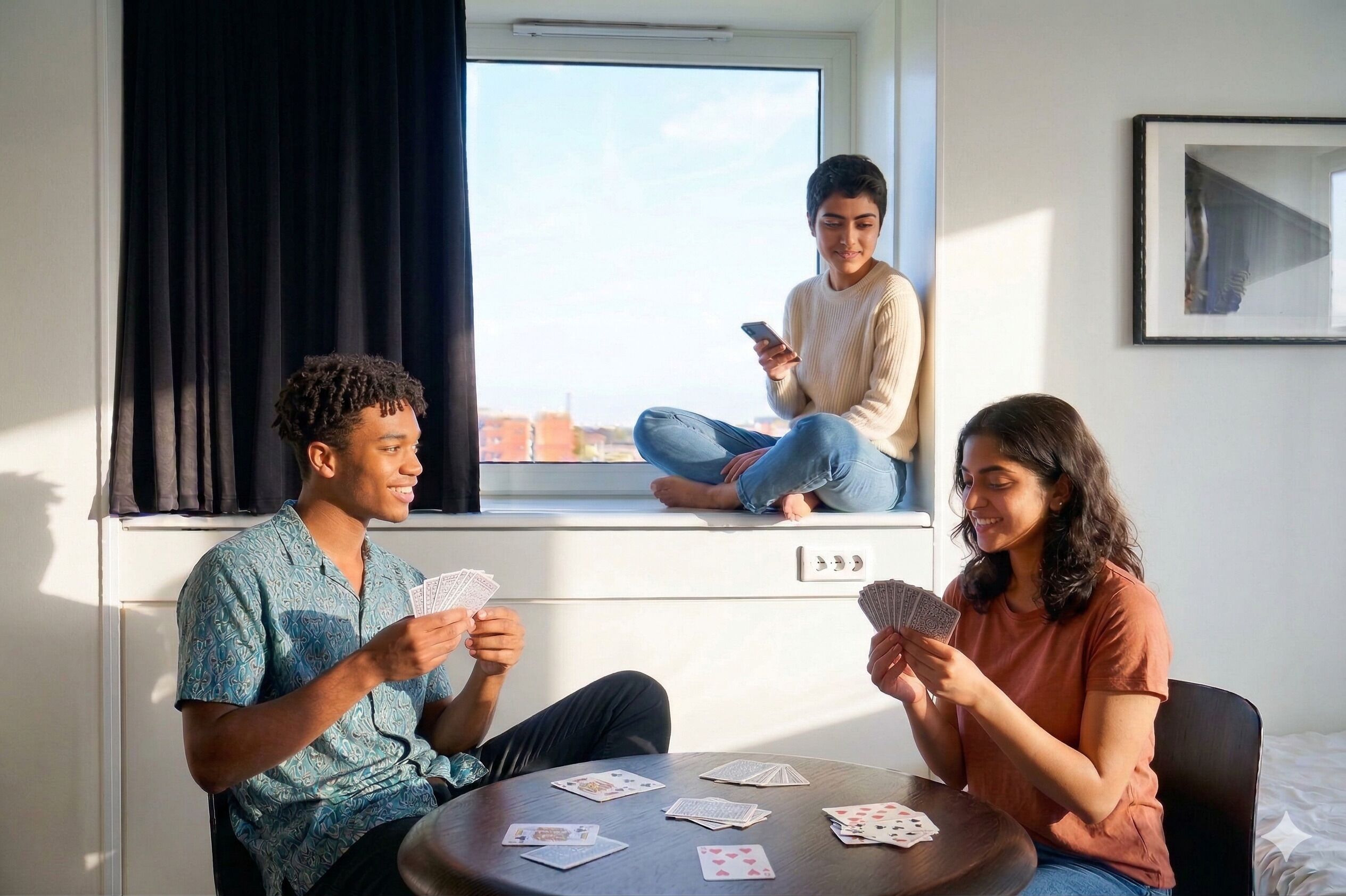 Une pièce avec une fenêtre, une table avec des jeux de cartes et un lit.