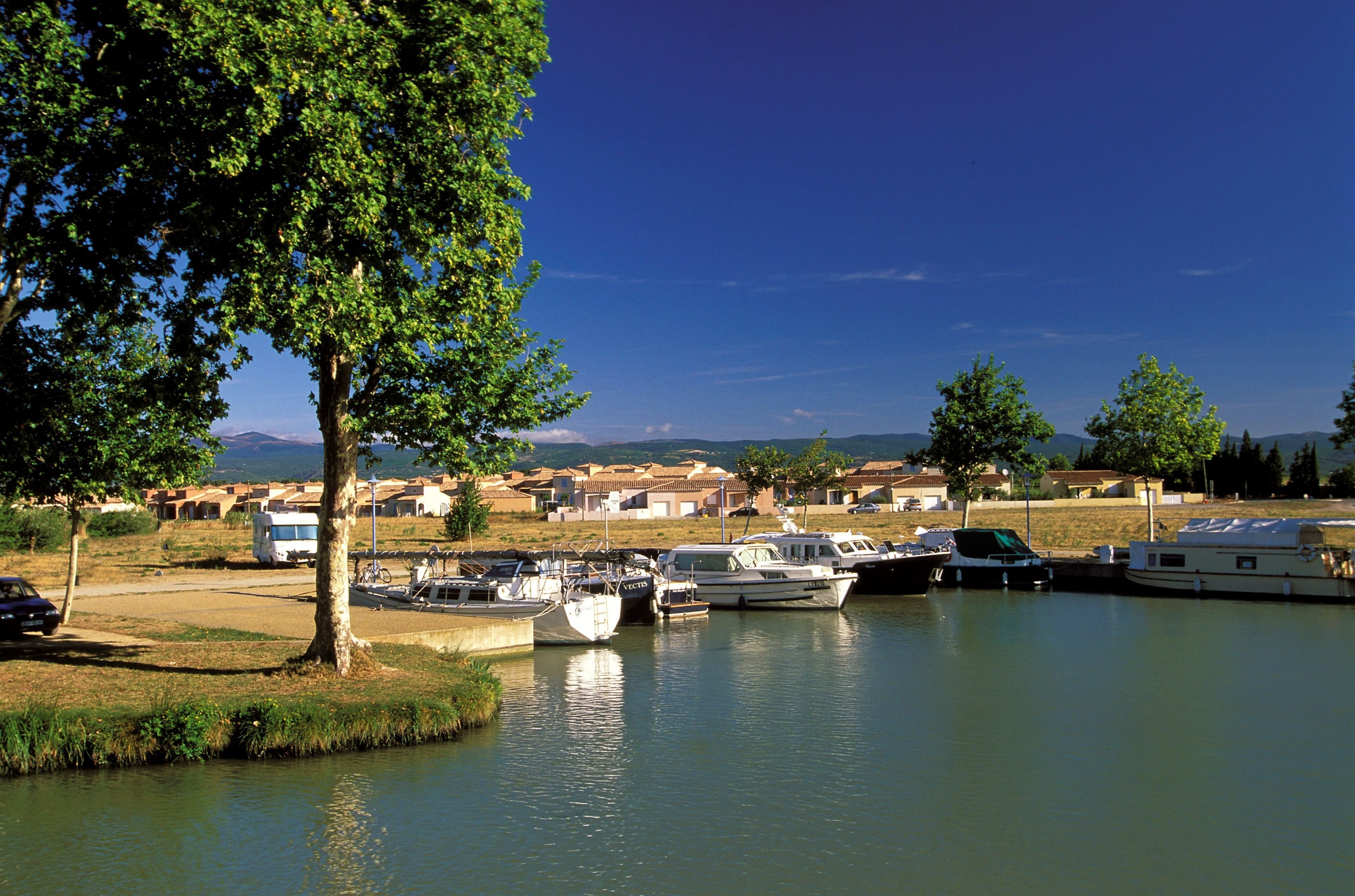 Puerto deportivo con barcos amarrados, un camino bordeado de árboles y montañas al fondo, con casas.