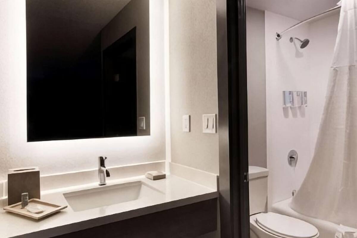 A bathroom with a sink, mirror, shower, and toilet.