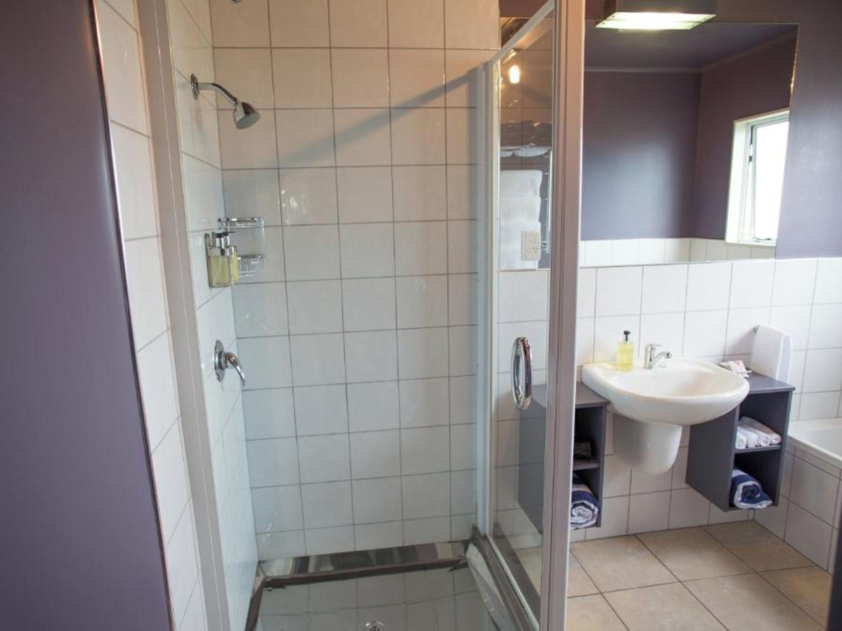 Ein Badezimmer mit Duschkabine, Waschbecken und Spiegel.