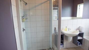 Ein Badezimmer mit Duschkabine, Waschbecken und Spiegel.