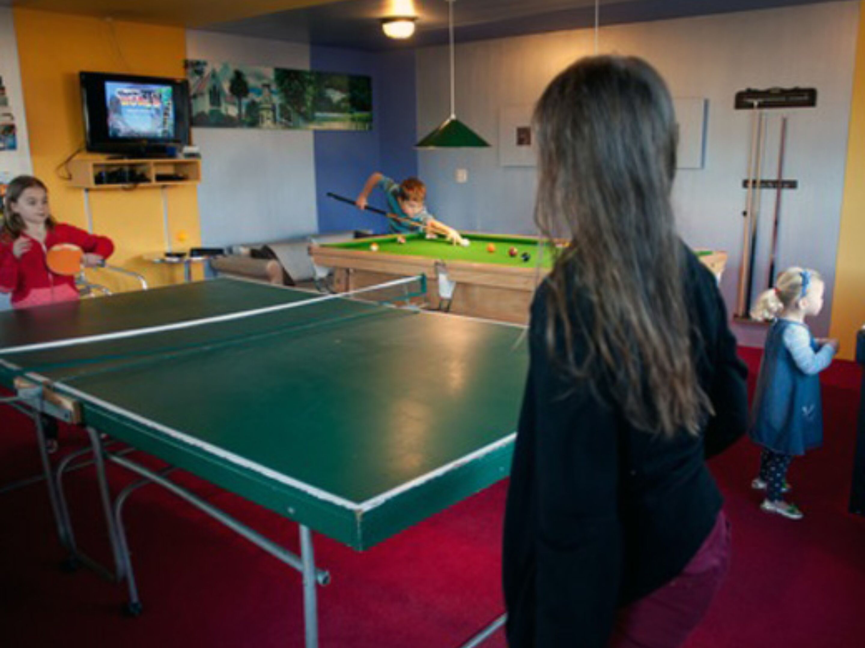 Une pièce équipée d’une table de ping-pong, d’une table de billard et d’un téléviseur.