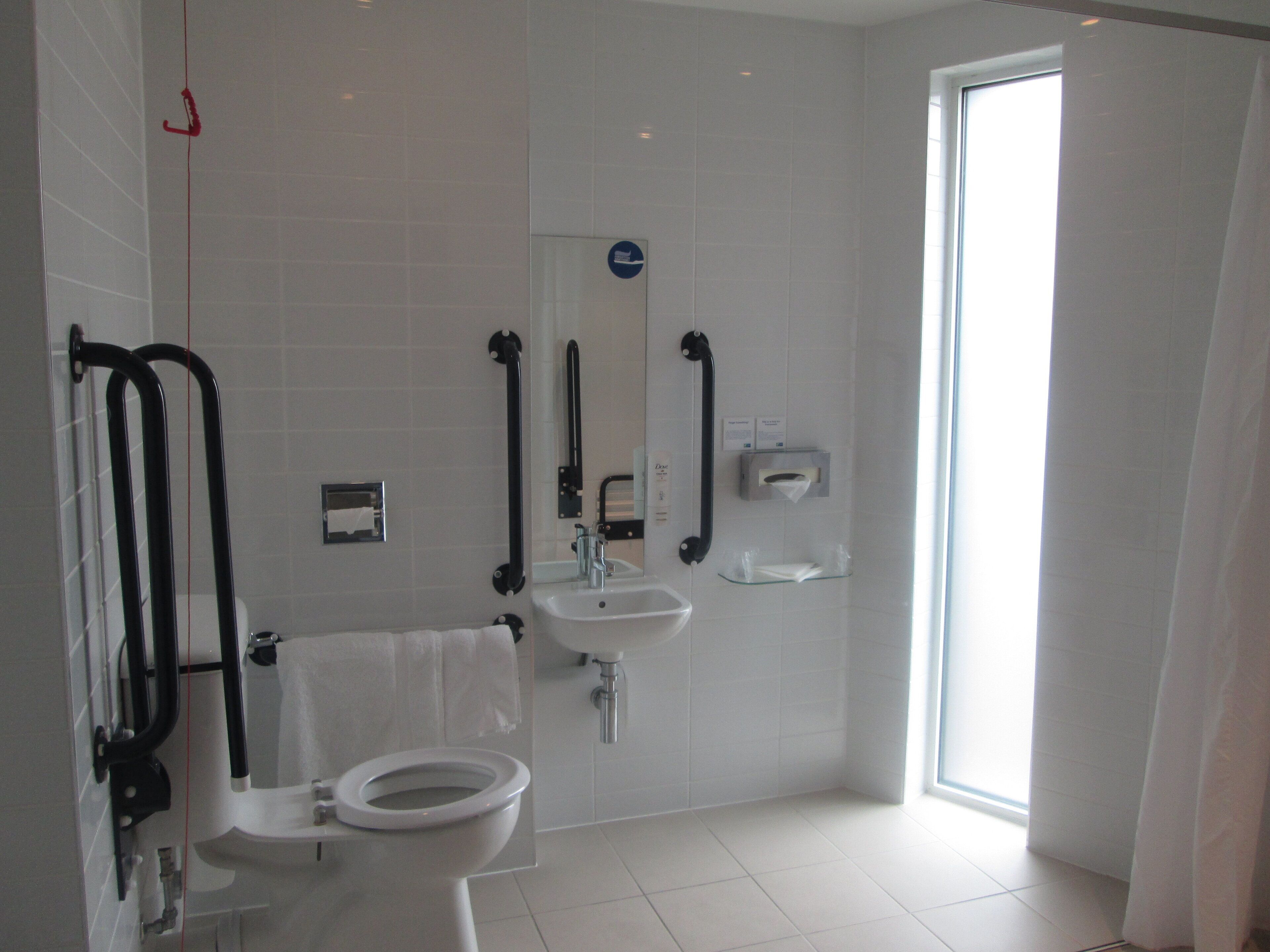 Une salle de bain moderne équipée de toilettes, d’un lavabo et de barres d’appui.