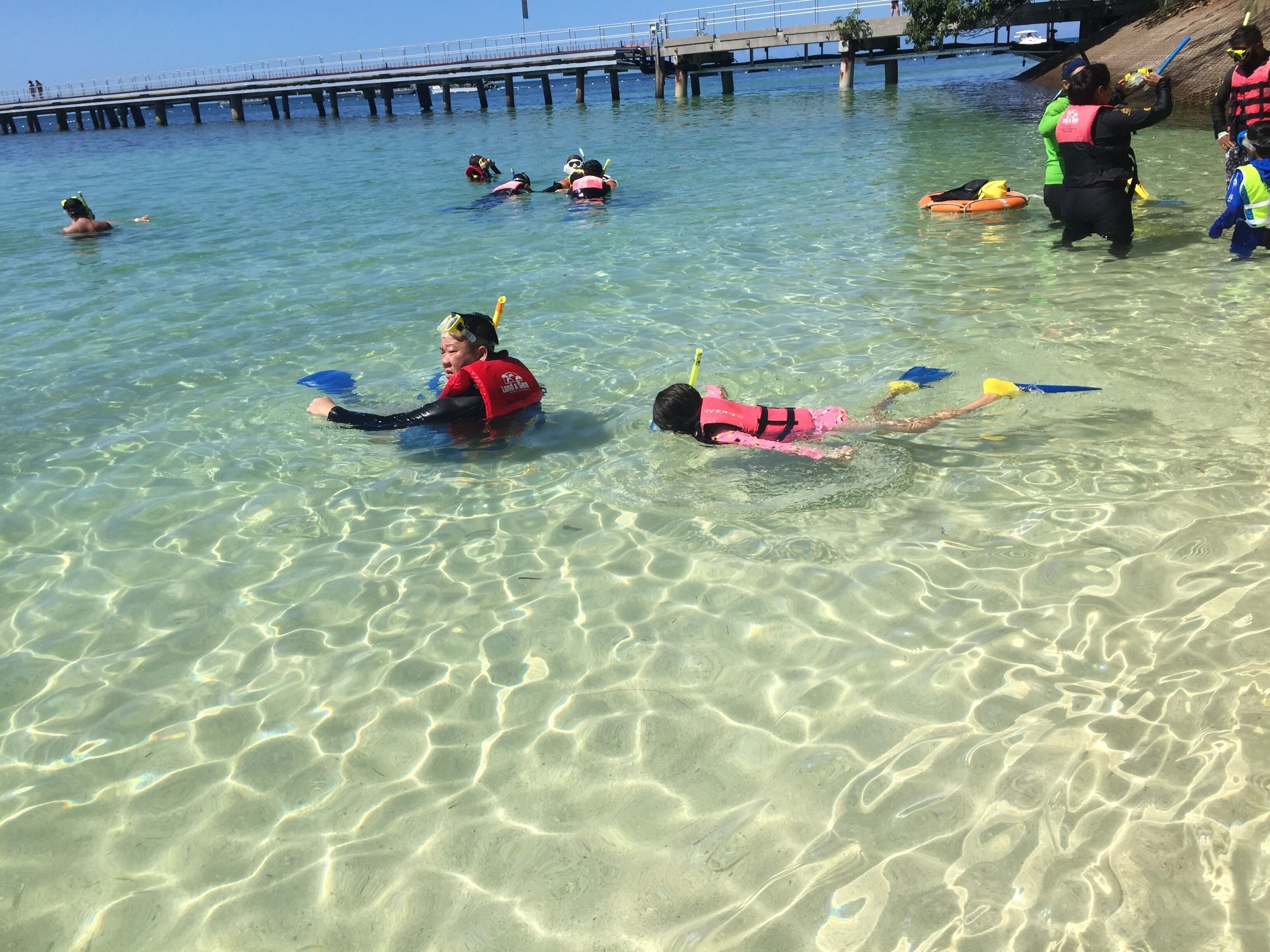 A group of people in a clear shallow water area, some wearing life jackets and snorkels, with a pier in the background.