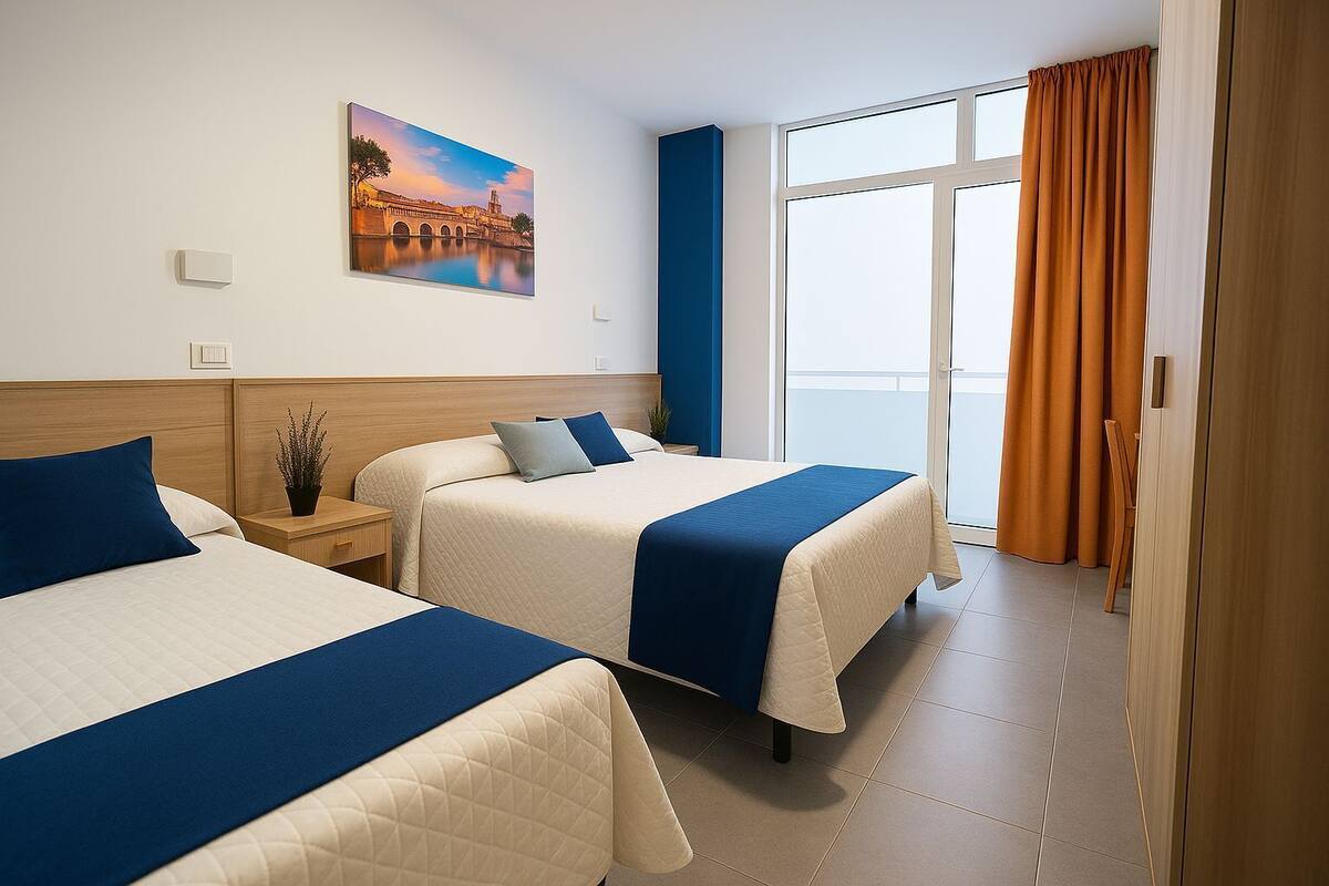 A hotel room with two beds, a large window with curtains, a painting on the wall, and a view of the outside.