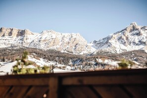 A mountainous landscape with snow-covered peaks and a valley with buildings and trees. - Hotel Ladinia (Badia)