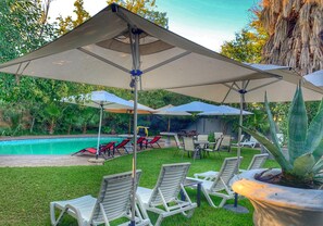 Seasonal outdoor pool, sun loungers
