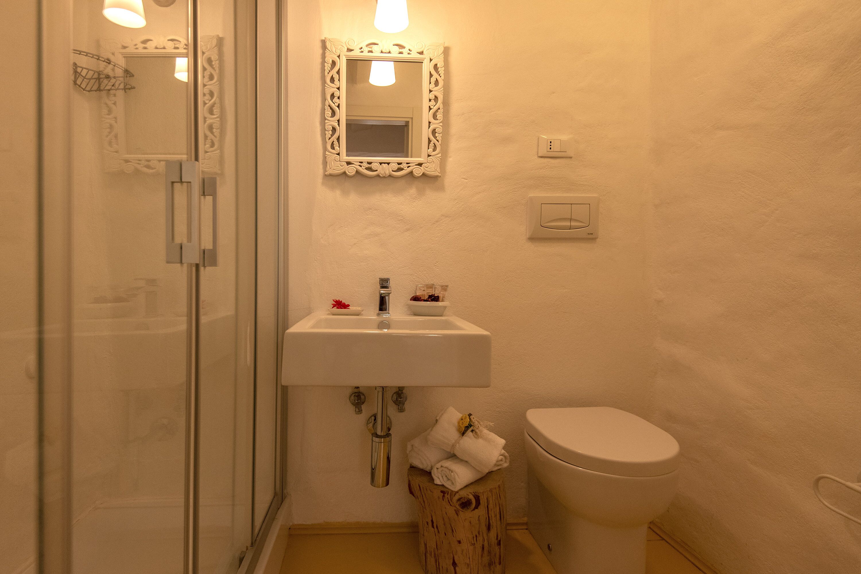 A bathroom with a glass shower enclosure, a white sink with a mirror above it, and a toilet.