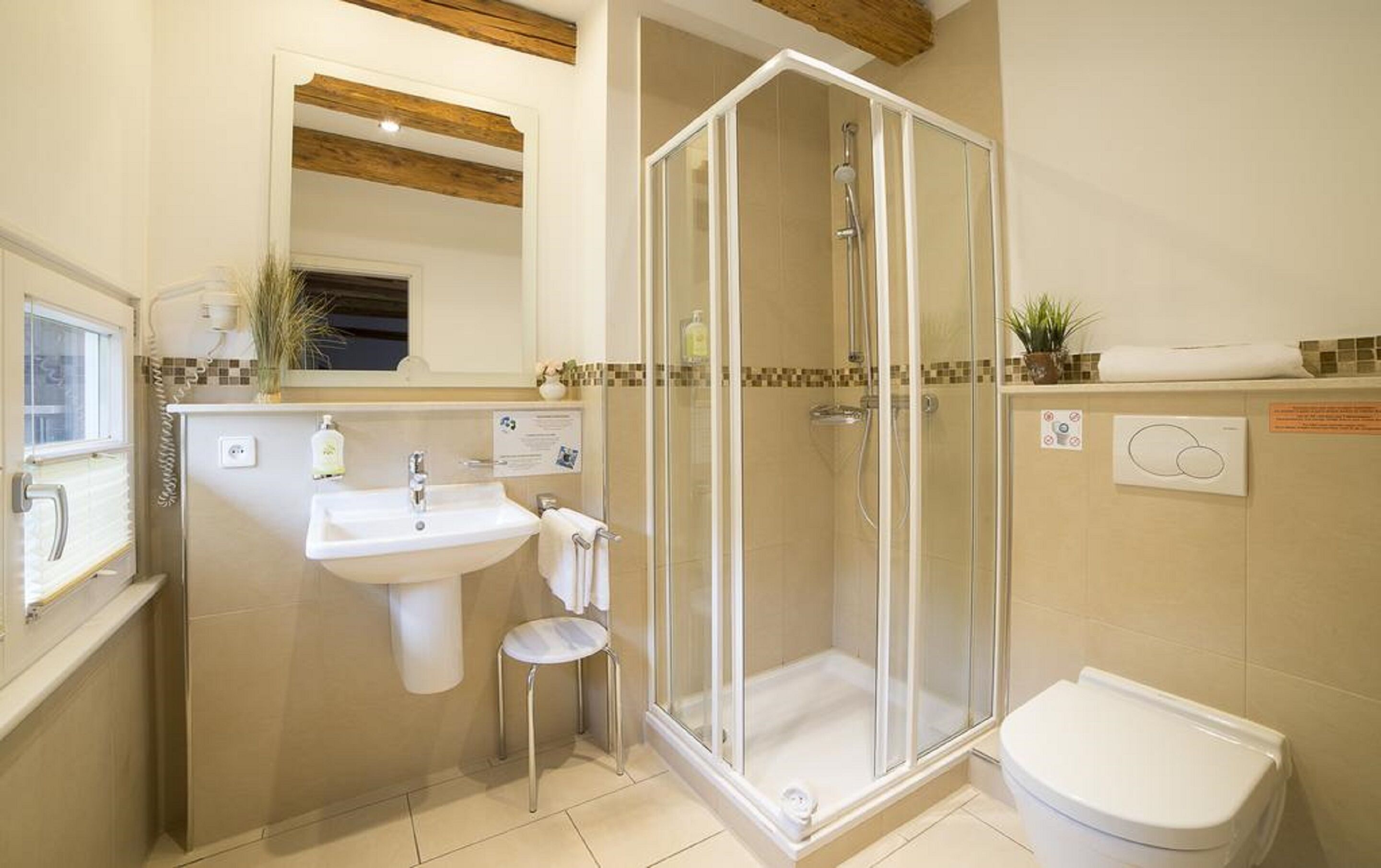 A modern bathroom with a glass-enclosed shower, a sink, and a toilet.