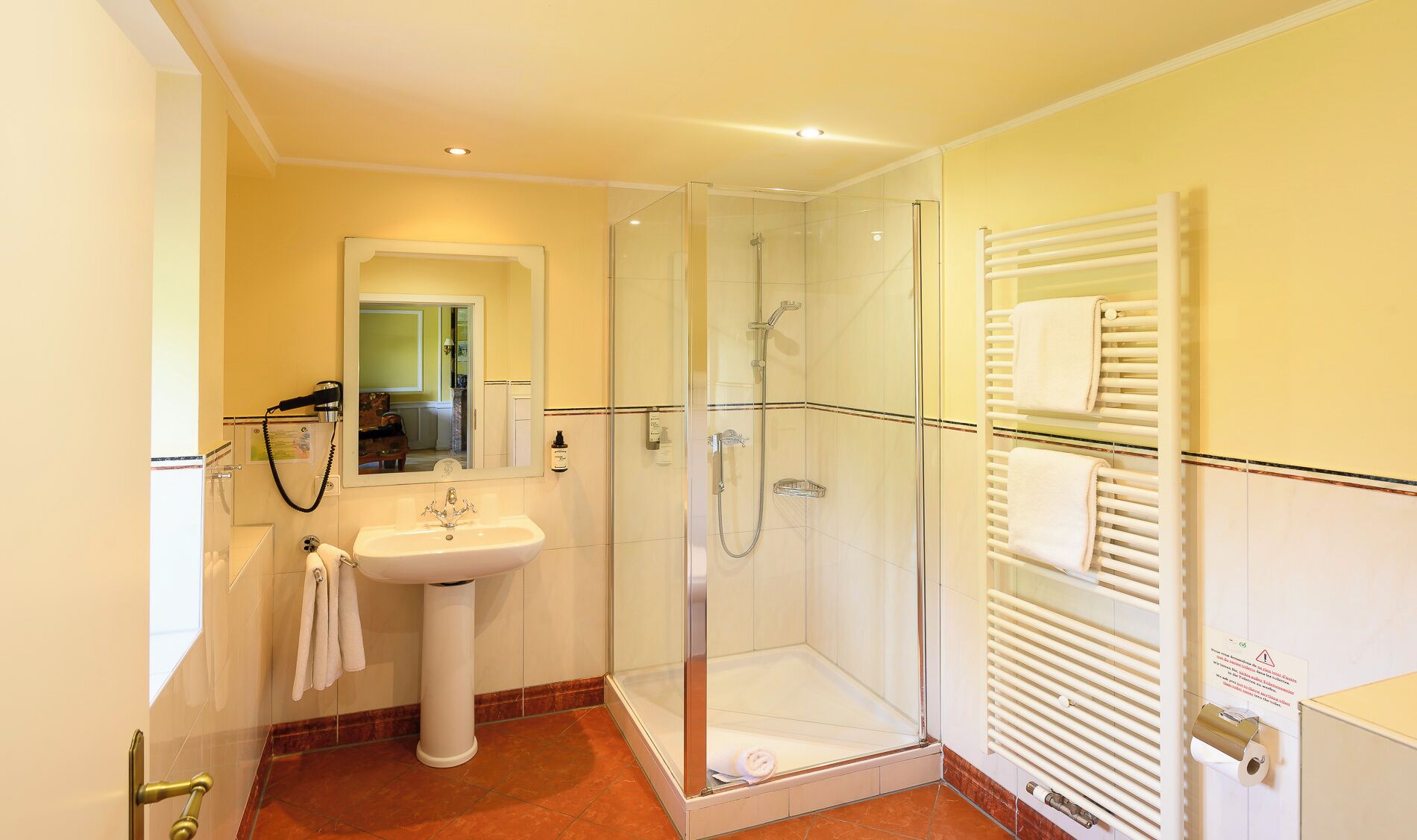 A hotel bathroom with a glass-enclosed shower, a sink with a mirror, and a towel rack.