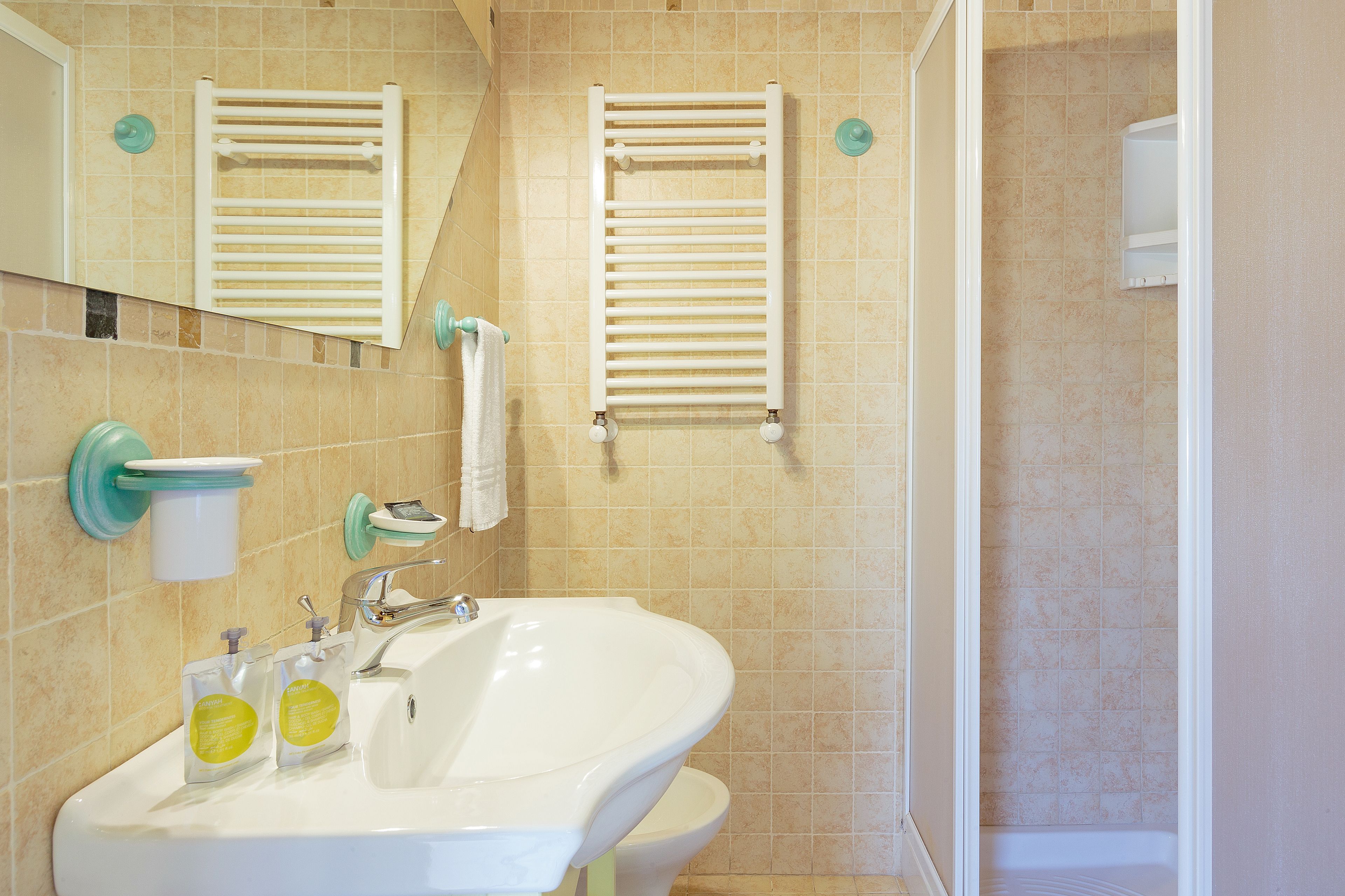 Ein Badezimmer mit Waschbecken, Spiegel, Handtuchhalter und Toilette.