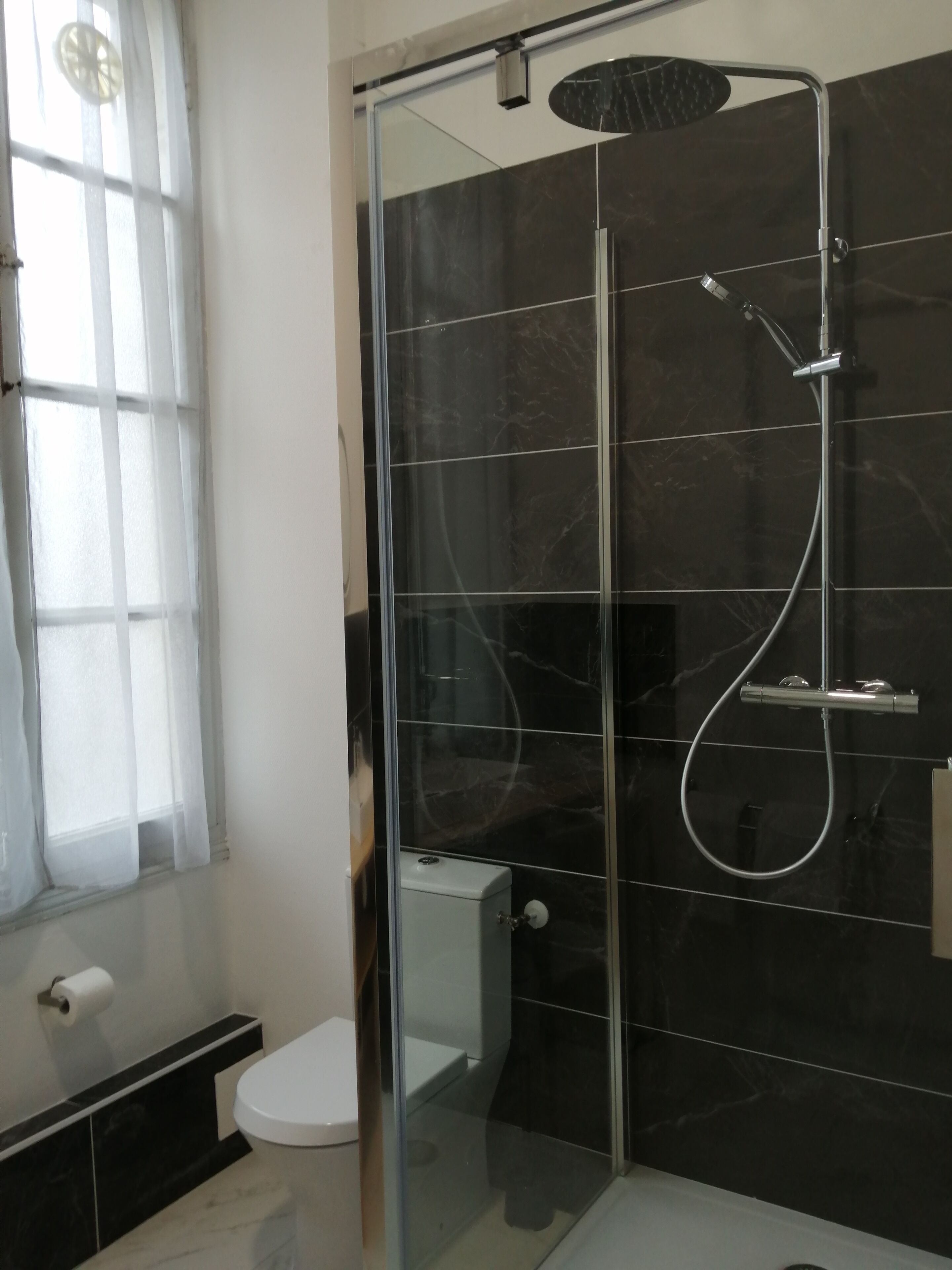 Et moderne badeværelse med et glasafskærmet brusebad, toilet og bidet.