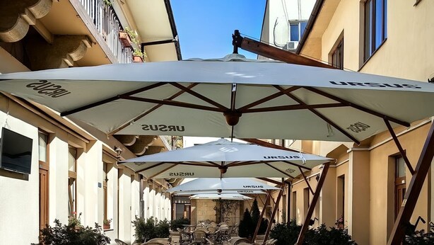 Un área de café al aire libre con mesas y sillas redondas, cubierta por sombrillas, y plantas en macetas.