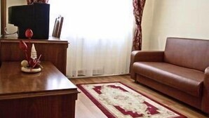 Una sala de estar con un sofá de cuero marrón, una mesa de centro de madera y una alfombra estampada.