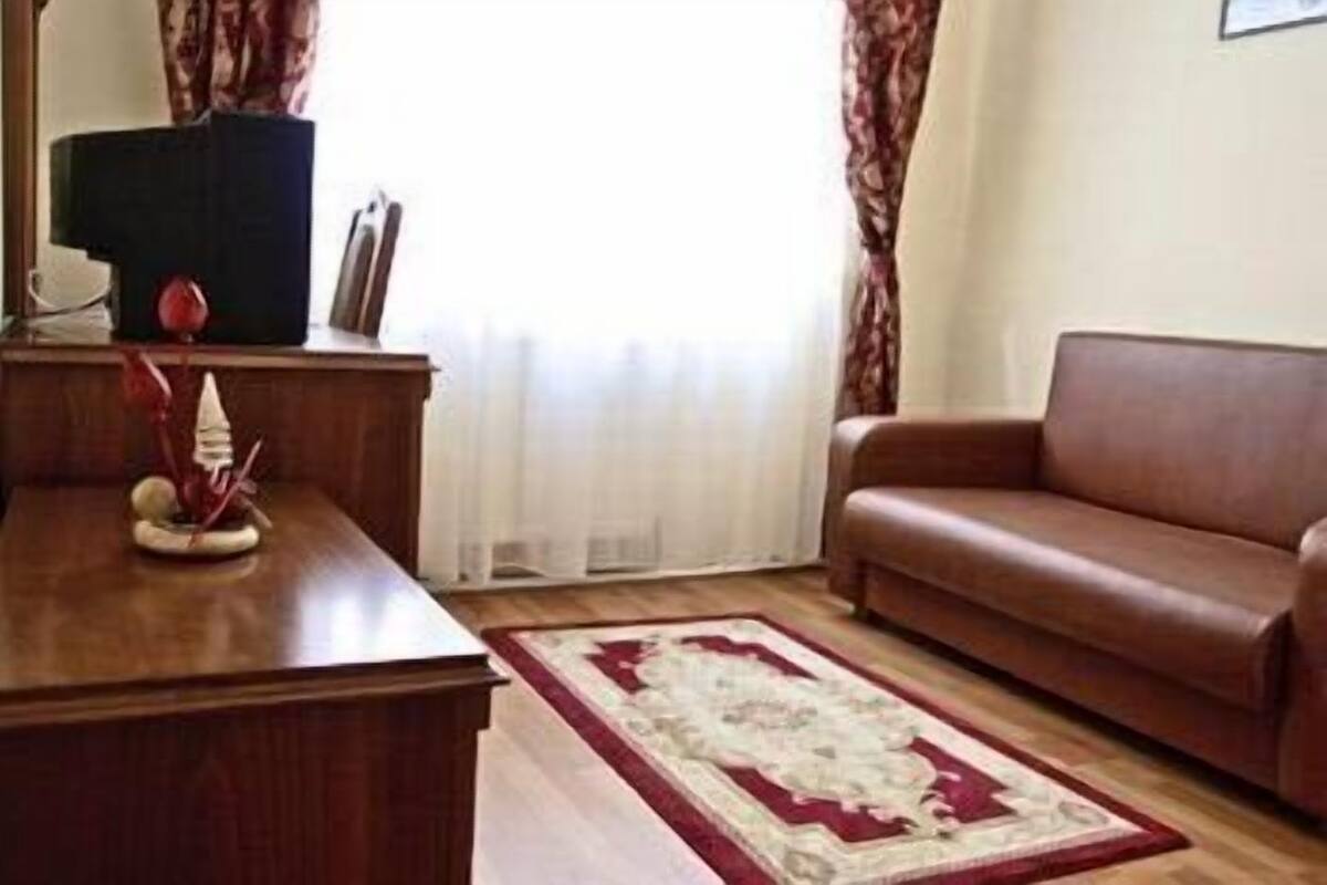 Ein Wohnzimmer mit einem braunen Ledersofa, einem Holztisch und einem Teppich mit Muster.