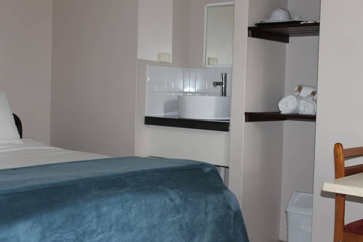 A hotel room with a bed, a sink, and a chair.