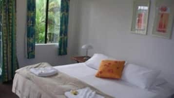 A hotel room with a bed, a window with curtains, a bedside table, and a lamp.