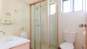 Un baño con cabina de ducha de vidrio, un lavamanos blanco y un inodoro.