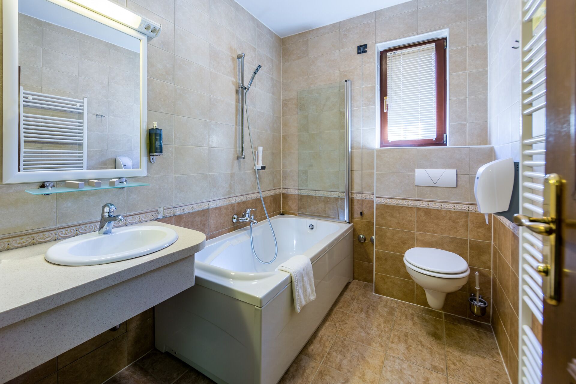 shower, hair dryer, bathrobes, slippers