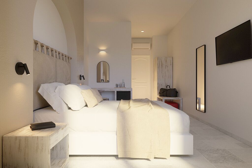 Quarto moderno com cama, mesas de cabeceira, espelho e guarda-roupa.