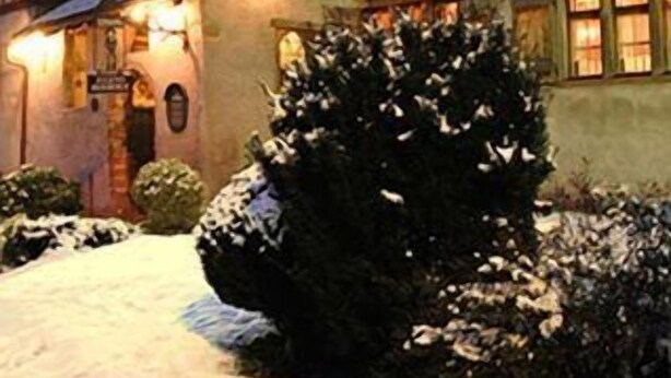 Un edificio tradicional con entramado de madera, un jardín cubierto de nieve y una entrada iluminada.
