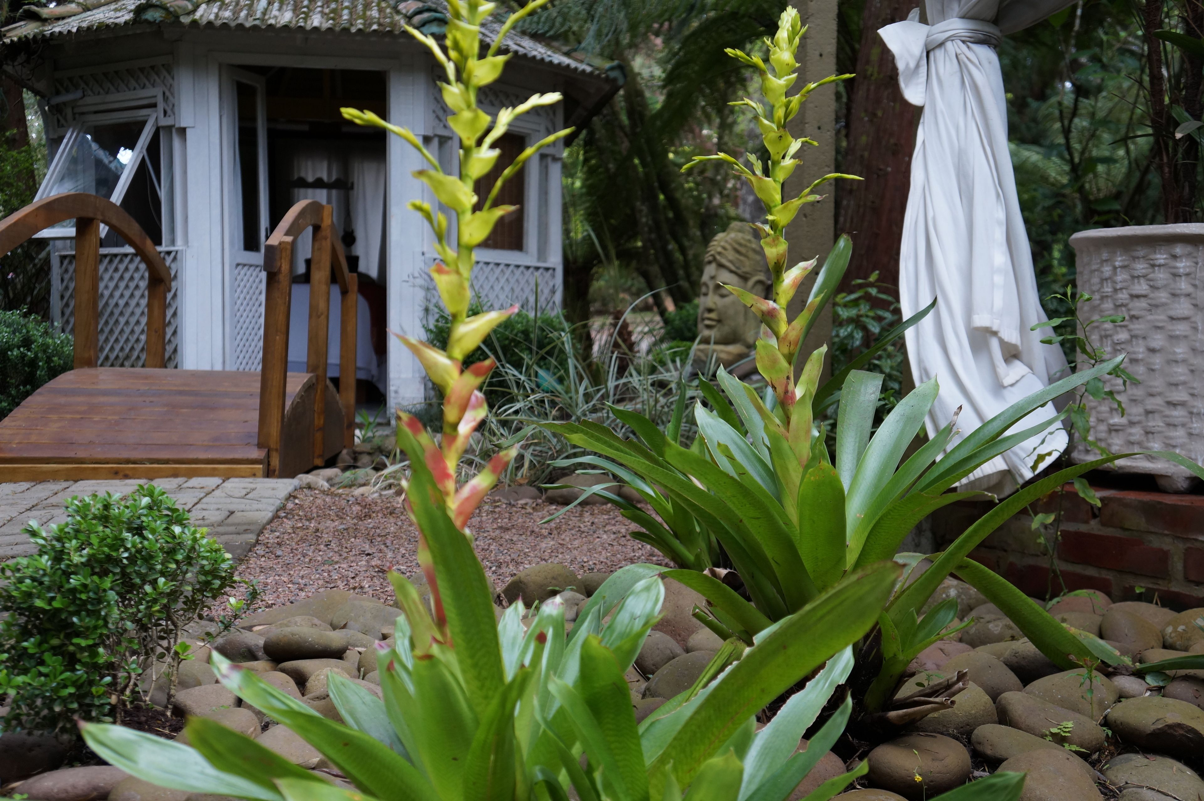 Une maison traditionnelle en bois, avec un toit en tuiles, une statue en pierre et un jardin agrémenté de rochers et de plantes.