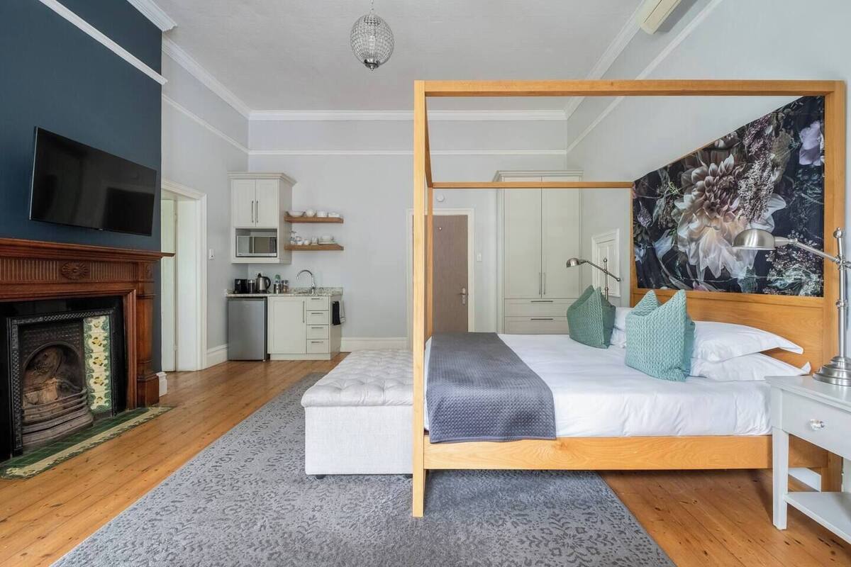 Een slaapkamer met een hemelbed, een televisie, een open haard en een keukenhoek.