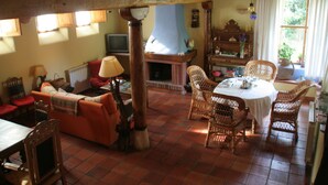 Een gezellige woonkamer met een open haard, een eettafel met stoelen en een bank.