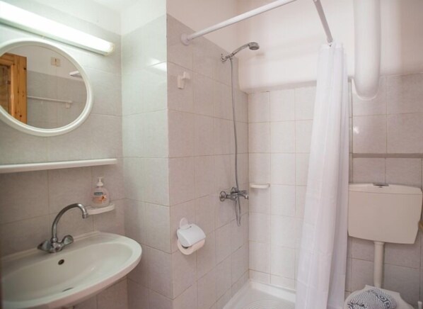 A bathroom with a sink, mirror, shower, and toilet.