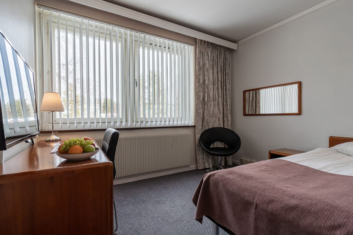 A hotel room with a bed, a desk with a lamp, a chair, a window with blinds, a radiator, and a wall-mounted mirror.