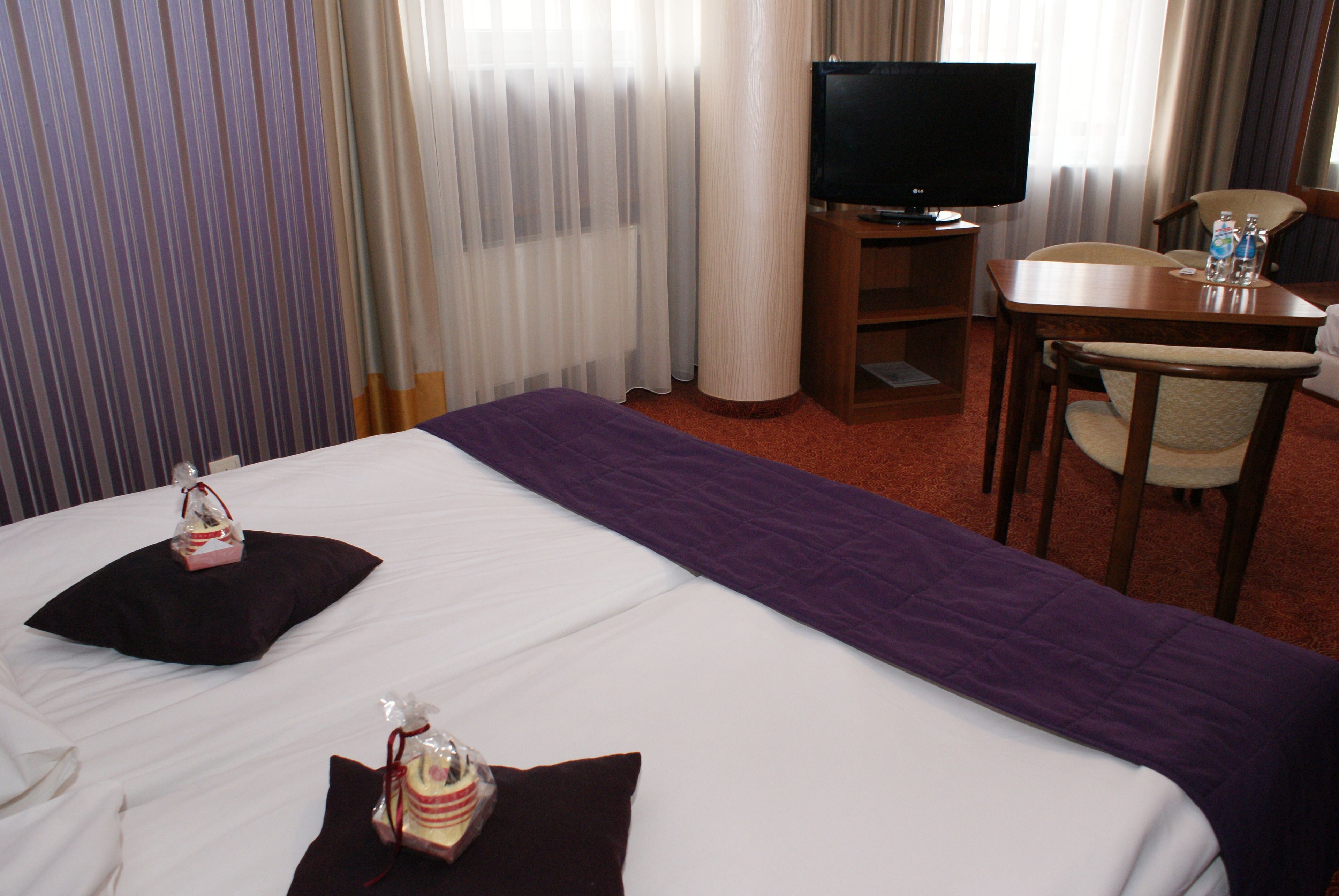Una habitación de hotel con cama, televisión, escritorio y silla.