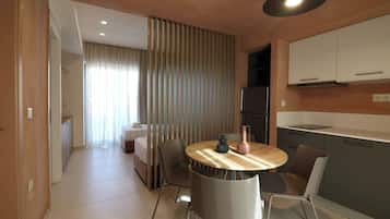 Deluxe Apartment, Kitchenette, Sea View | Private kitchen | Fridge, microwave, stovetop, coffee/tea maker
