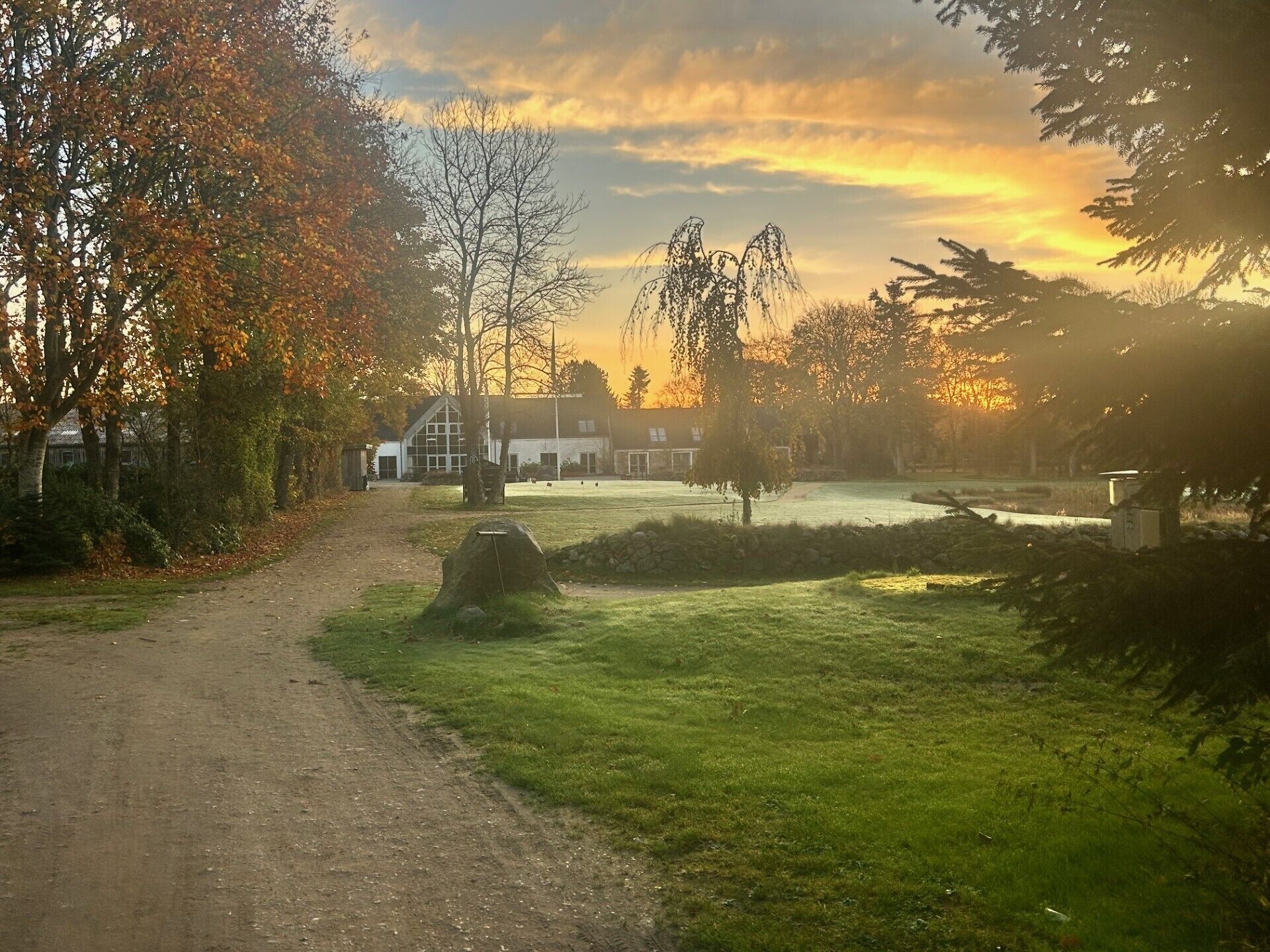 Een landelijk landschap met een onverharde weg naar een wit gebouw met grote ramen, omringd door bomen en een grasveld.