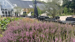 A garden with purple flowers, outdoor seating, and a building with large windows. - Tollundgaard Golf Park (Silkeborg)
