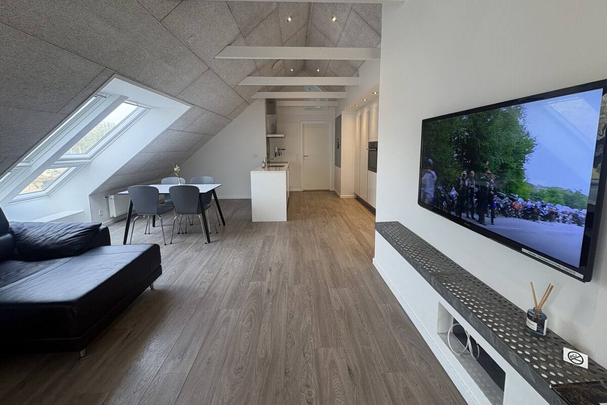 A modern loft apartment with a dining area, a living room with a sofa, a kitchen, and a large TV mounted on the wall.