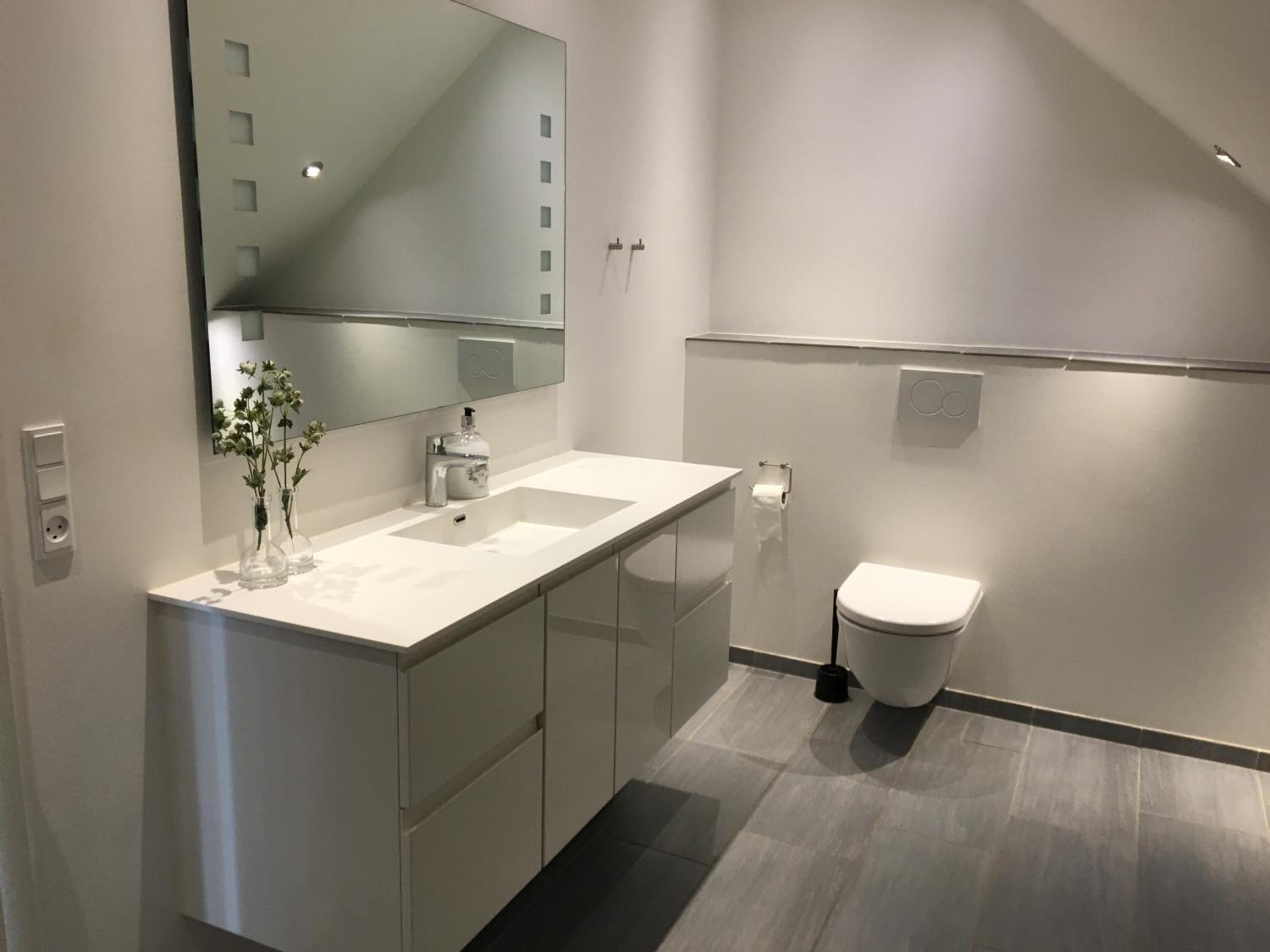 Een moderne badkamer met een witte wastafel, een grote spiegel en een toilet.