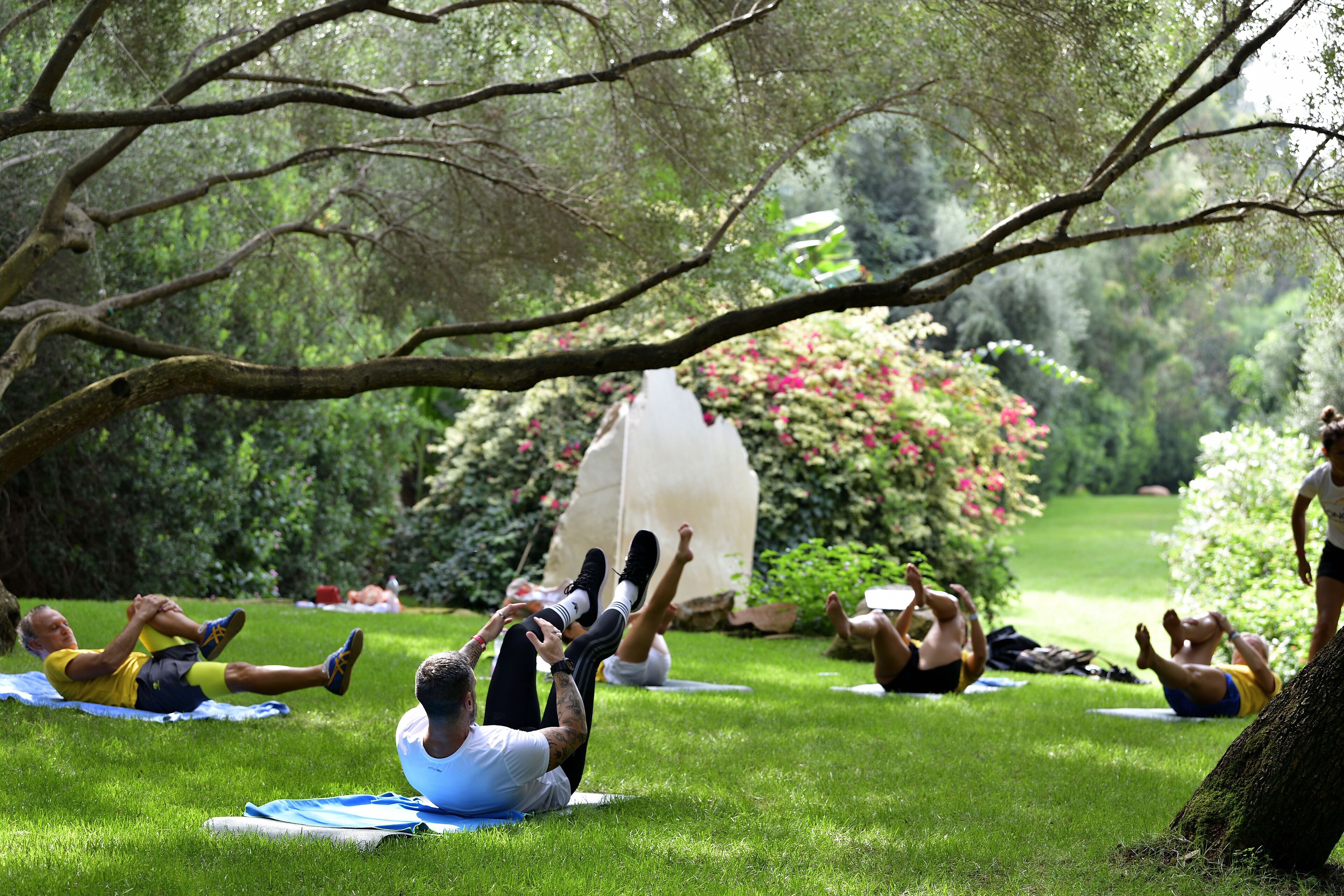 People lying on mats outdoors in a grassy area with trees and bushes in the background.