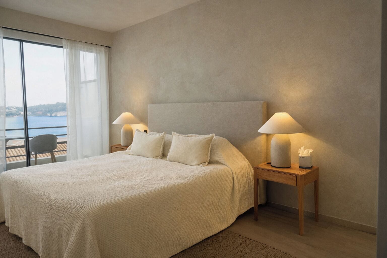 A bedroom with a large bed, two bedside tables with lamps, a chair, and a view of the sea through large windows.