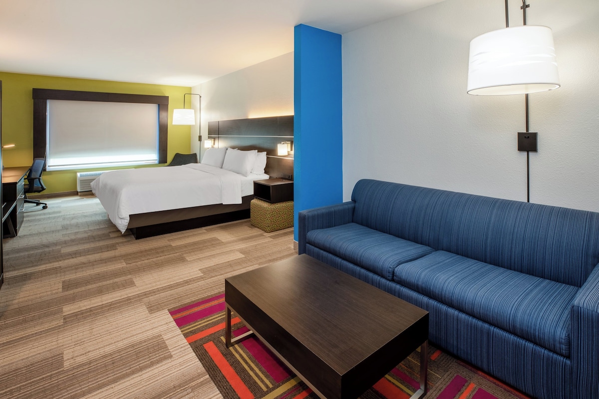 Une chambre d’hôtel avec un lit, un canapé, un bureau et une lampe.