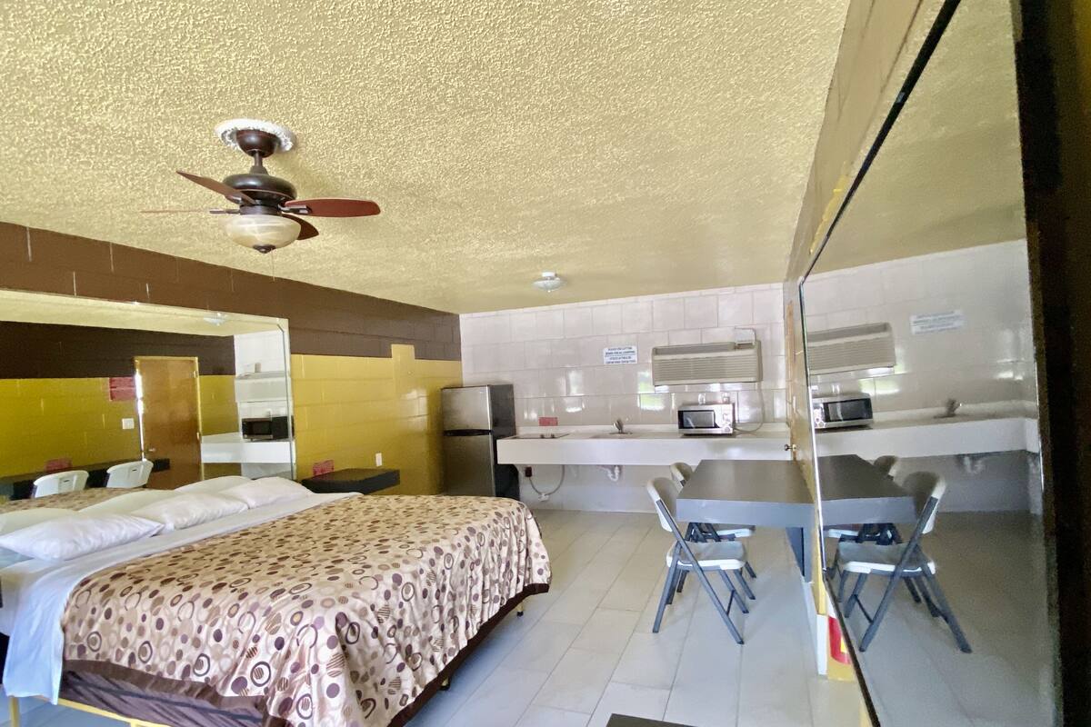 Habitación de hotel con cama, escritorio, silla, ventilador de techo, microondas y lavabo.