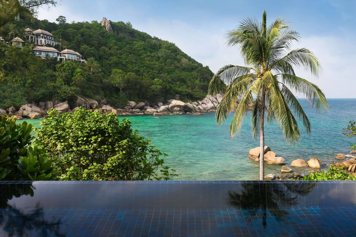 A poolside view with a clear view of the ocean, a palm tree, and a hillside with buildings.