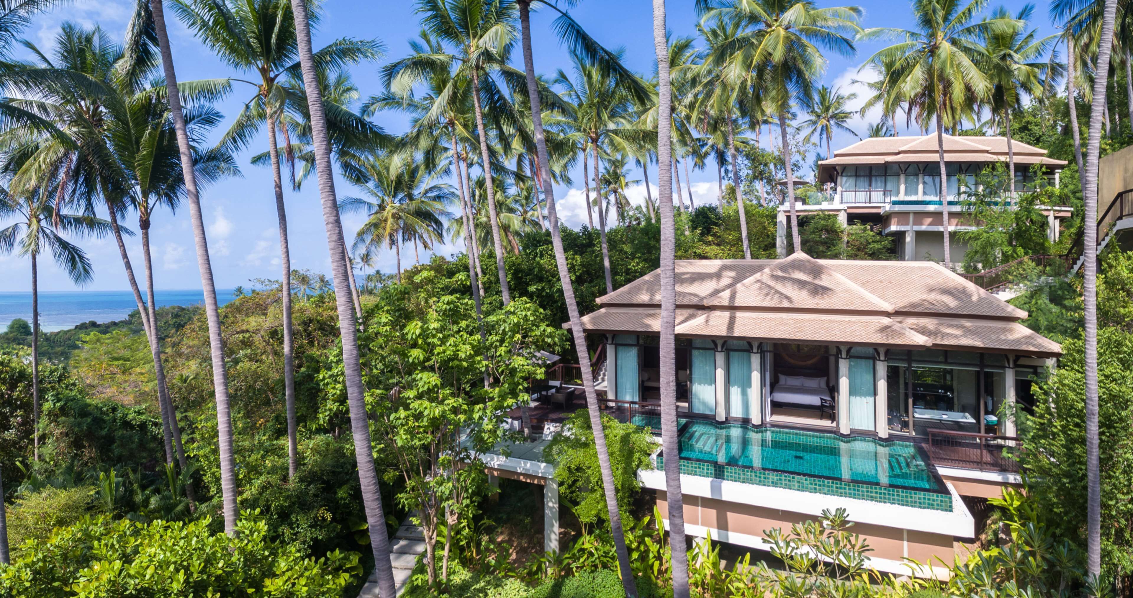 A resort with a pool, surrounded by palm trees and overlooking the ocean.