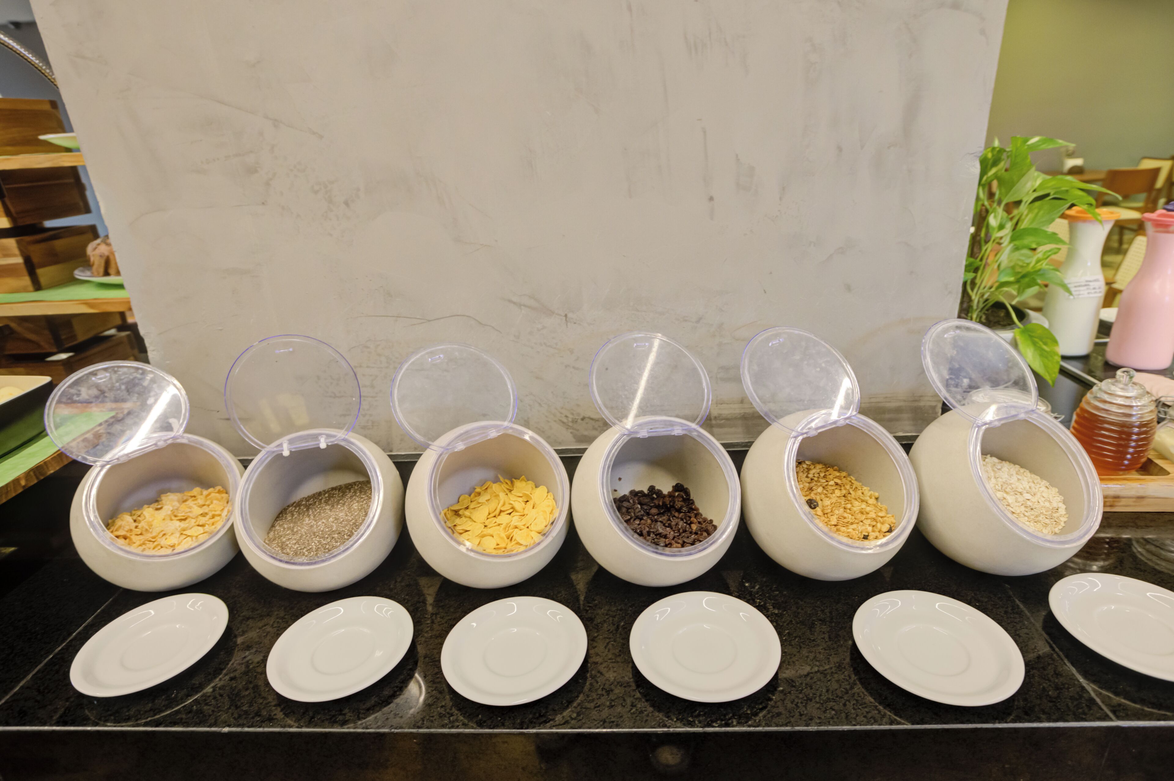 A row of clear plastic containers with lids, each containing different food items, placed on a black countertop with white plates below them.