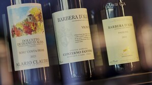 Three wine bottles with labels, each displaying different text and designs.