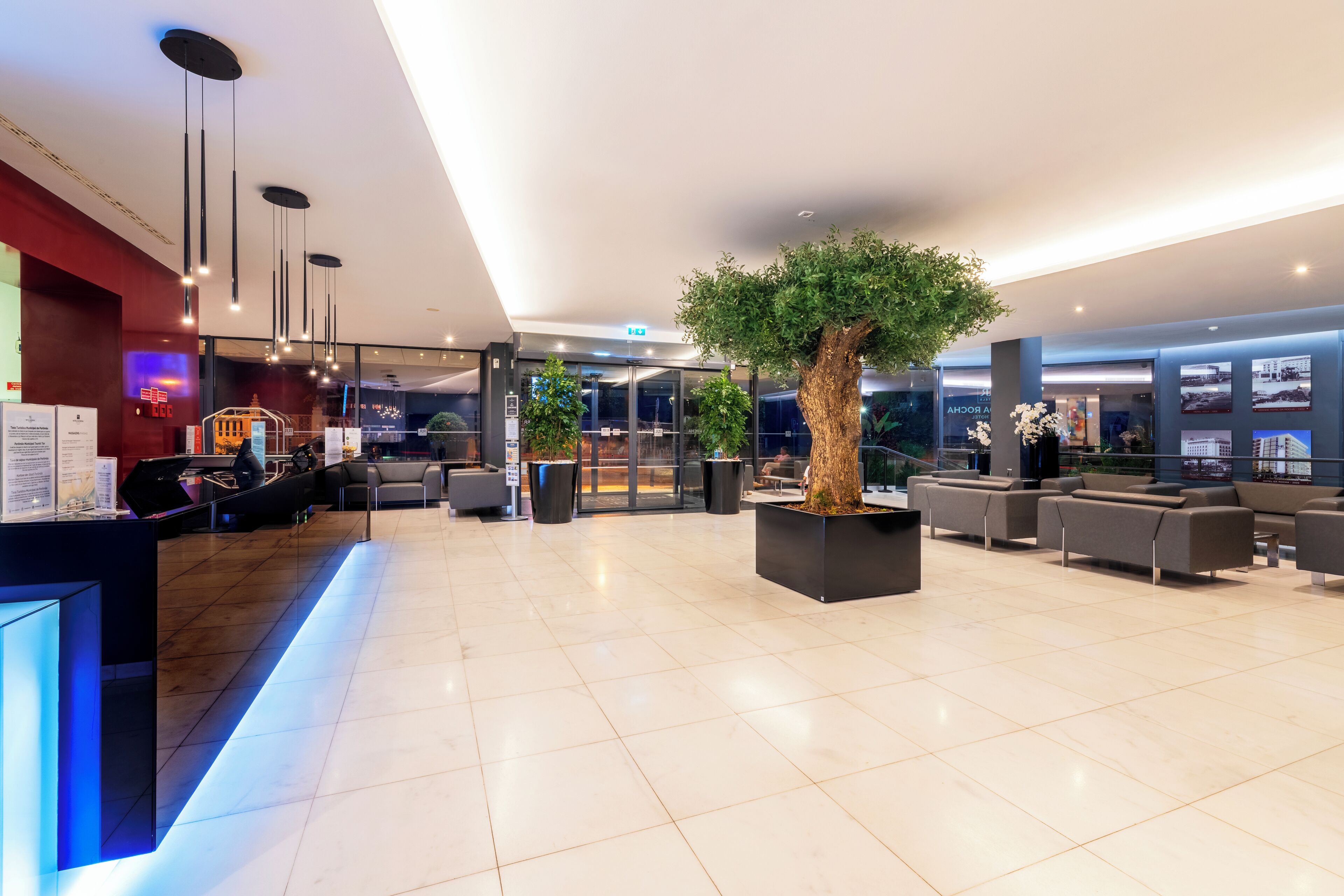 A modern lobby with a reception desk, seating area, and a large tree planter.