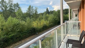 A balcony with glass railings overlooking a lush green landscape.