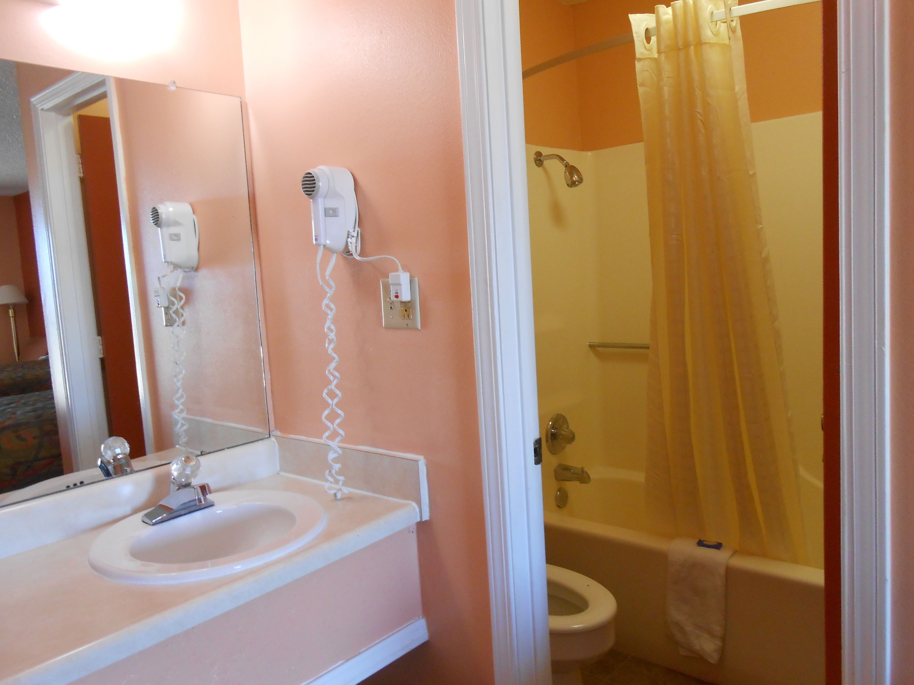 A bathroom with a sink, mirror, hairdryer, and shower.